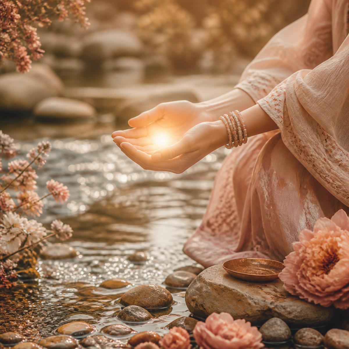 Hands cradling warm golden light over a calm forest stream, representing feminine money stewardship